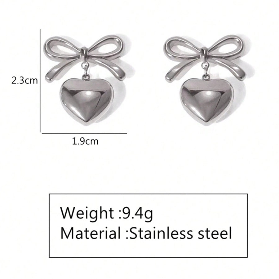 1 Pair Elegant Glam Classic Style Heart Shape Bow Knot 304 Stainless Steel 18K Gold Plated Drop Earrings - CEJEW