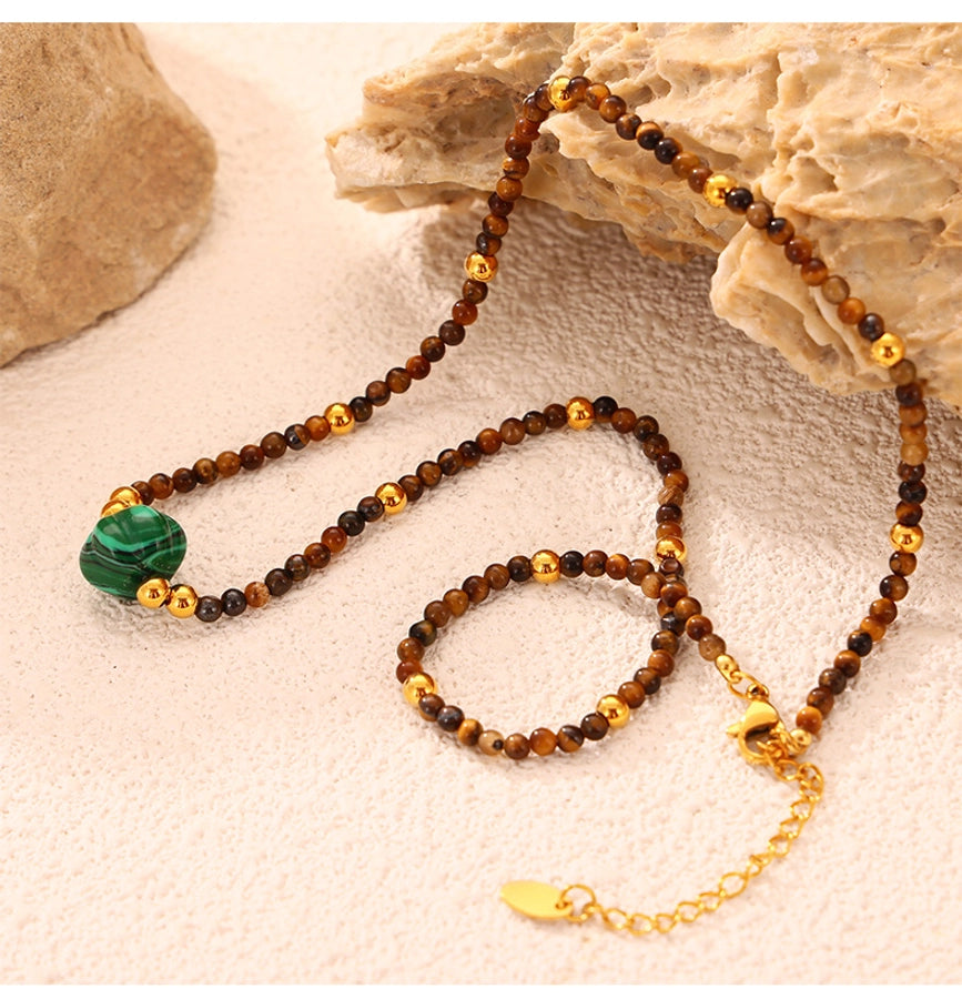 304 Stainless Steel natural stone Agate 18K Gold Plated Casual Retro Beaded Enamel Plating Round Necklace