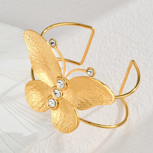 Retro French Style Leaves Heart Shape Butterfly 304 Stainless Steel 18K Gold Plated Bangle In Bulk