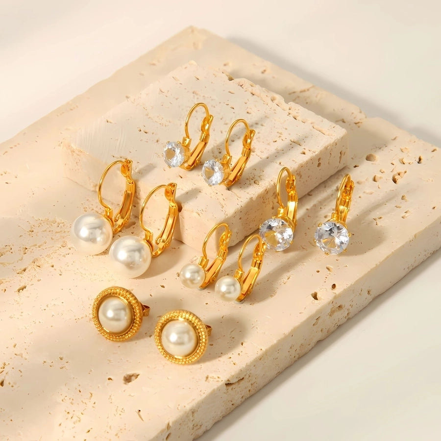 1 Pair Retro French Style Geometric Plating Inlay 304 Stainless Steel Pearl Zircon 18K Gold Plated Earrings Ear Studs