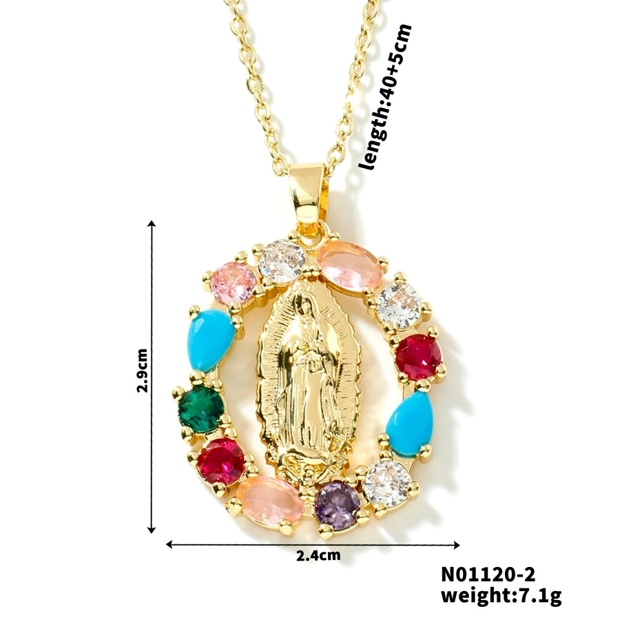 Jewelry Vintage Style Virgin Mary Oval Heart Shape 304 Stainless Steel Copper Zircon K Gold Plated Inlay Pendant Necklace