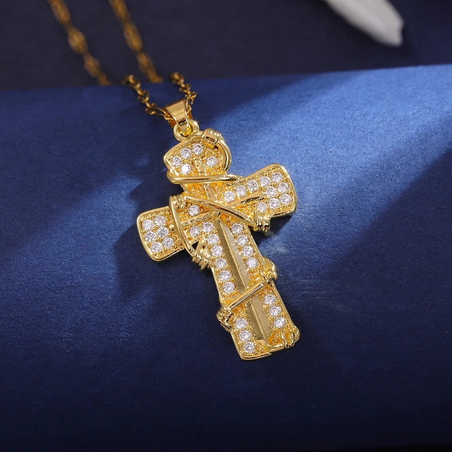 Classic Style Cross 304 Stainless Steel Copper Inlay 18K Gold Plated Zircon Pendant Necklace