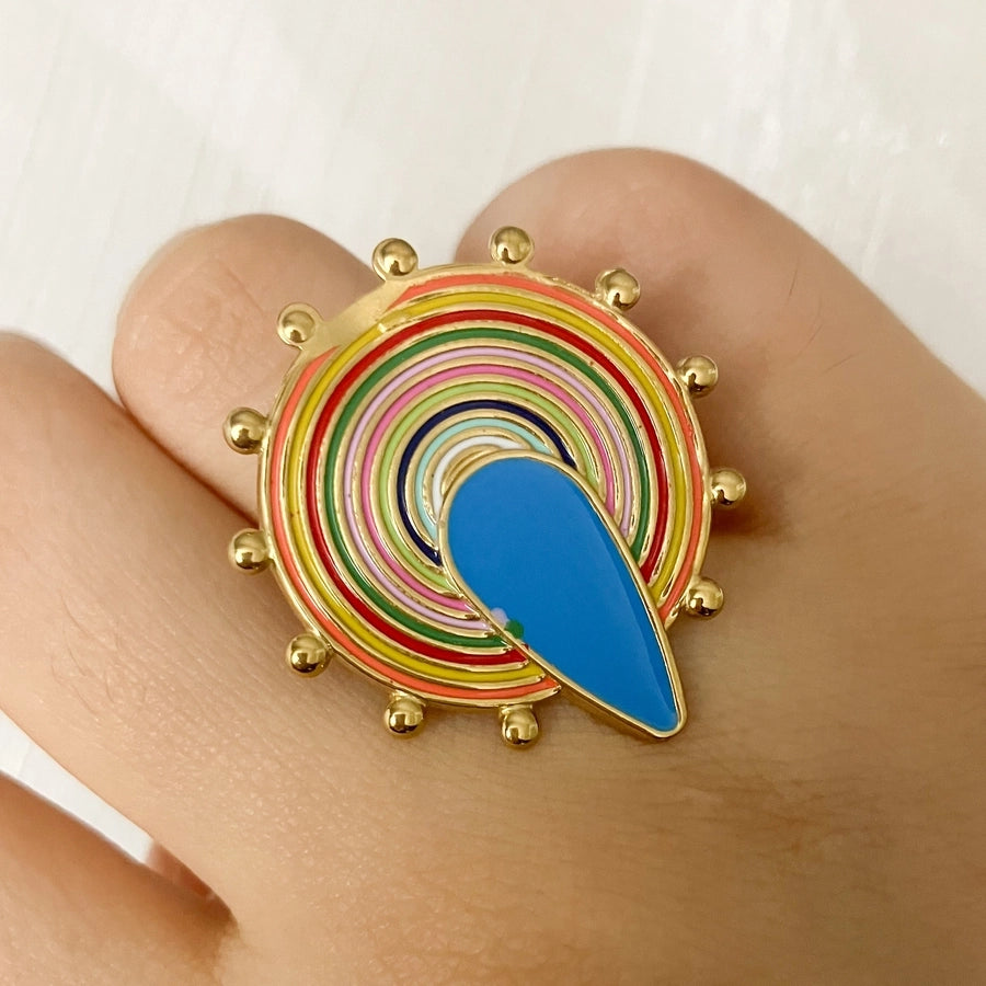 304 Stainless Steel Gold Plated Modern Style Sweet Asymmetrical Enamel Plating Round Water Droplets Turquoise Open Rings