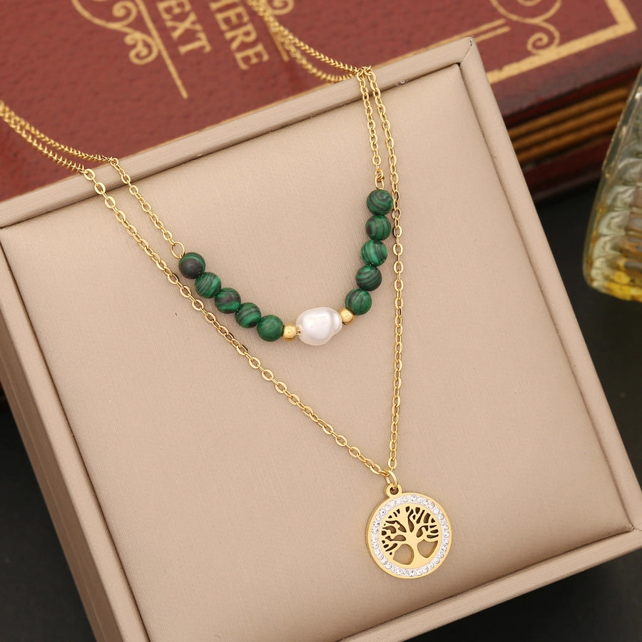 Retro Tree Heart Shape Eye Stainless Steel Malachite Inlay 18K Gold Plated Artificial Diamond Pearl Layered Necklaces