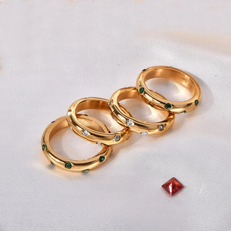 Jewelry Elegant Simple Style Circle Stainless Steel Rhinestones Diamond 18K Gold Plated Inlay Rings