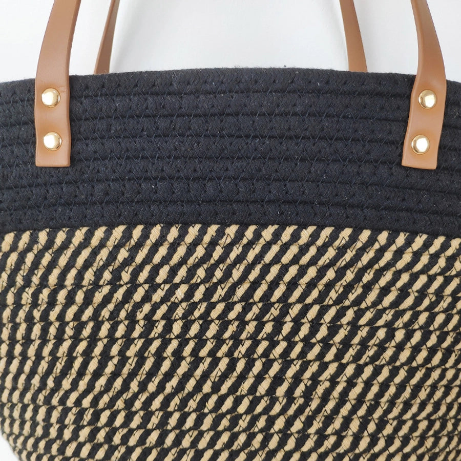 Women's Large Cotton Color Block Vacation Beach Weave Bucket Open Tote Bag