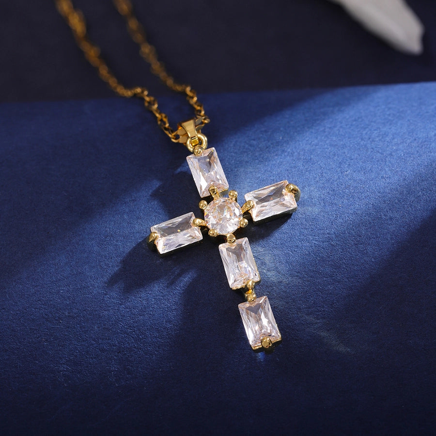 Classic Style Cross 304 Stainless Steel Copper Inlay 18K Gold Plated Zircon Pendant Necklace