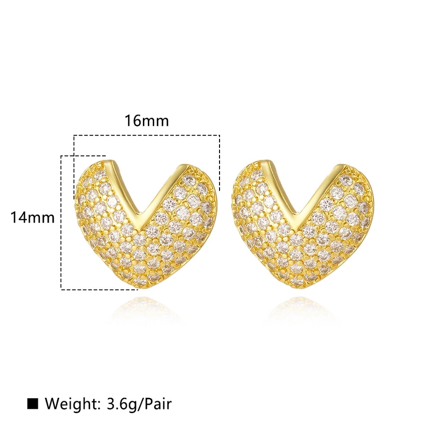 1 Pair Casual Simple Style Heart Shape Copper Zircon 18K Gold Plated Ear Studs