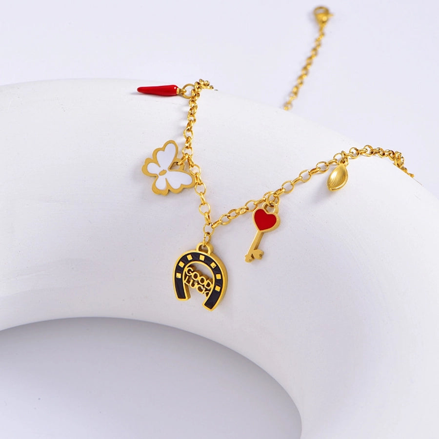 Jewelry Sweet Letter Heart Shape Butterfly Titanium Steel Enamel Plating Pendant Necklace