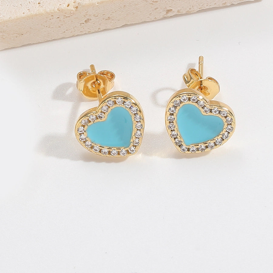 1 Pair Elegant Simple Style Commute Heart Shape Flower Enamel Inlay Copper Zircon 14K Gold Plated Ear Studs