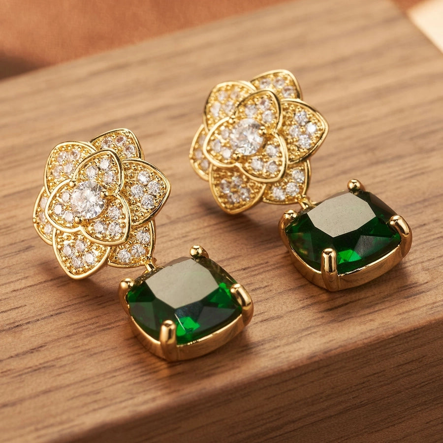 1 Pair Elegant Shiny Square Flower Plating Inlay Copper Zircon 18K Gold Plated Drop Earrings