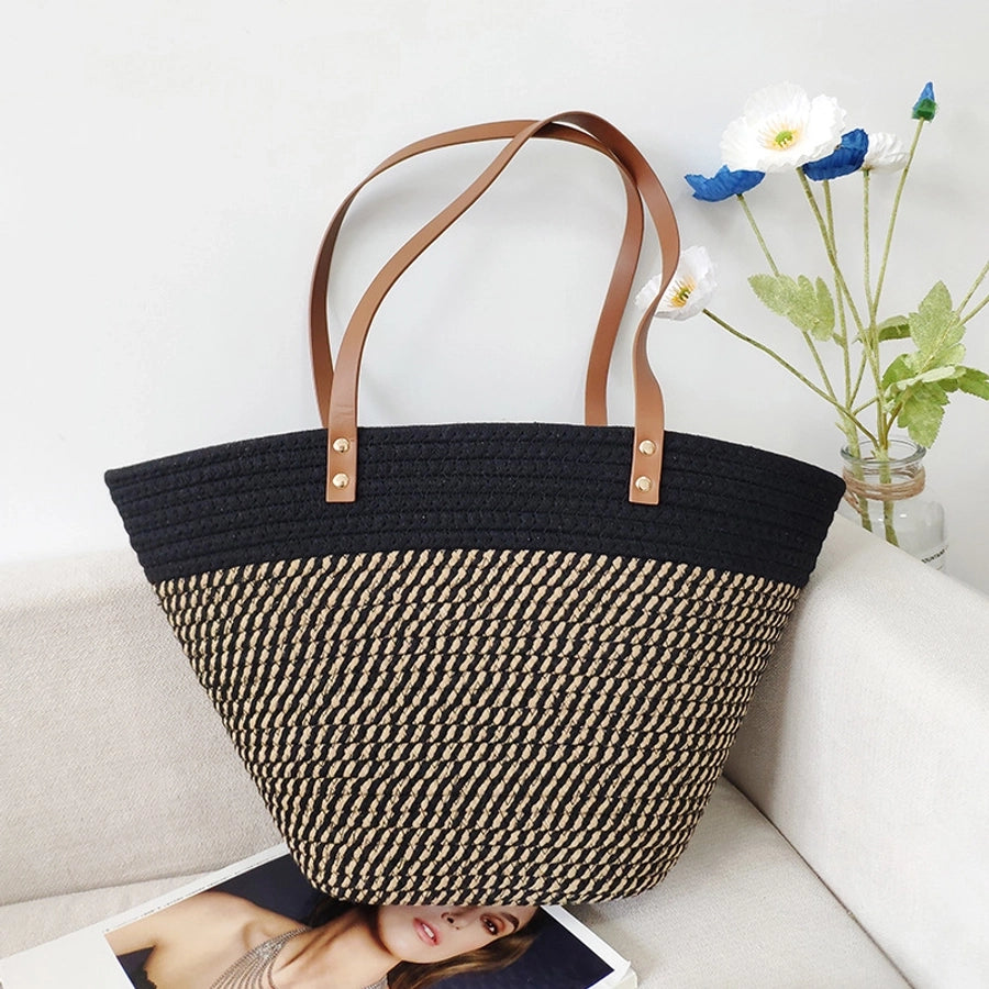 Women's Large Cotton Color Block Vacation Beach Weave Bucket Open Tote Bag