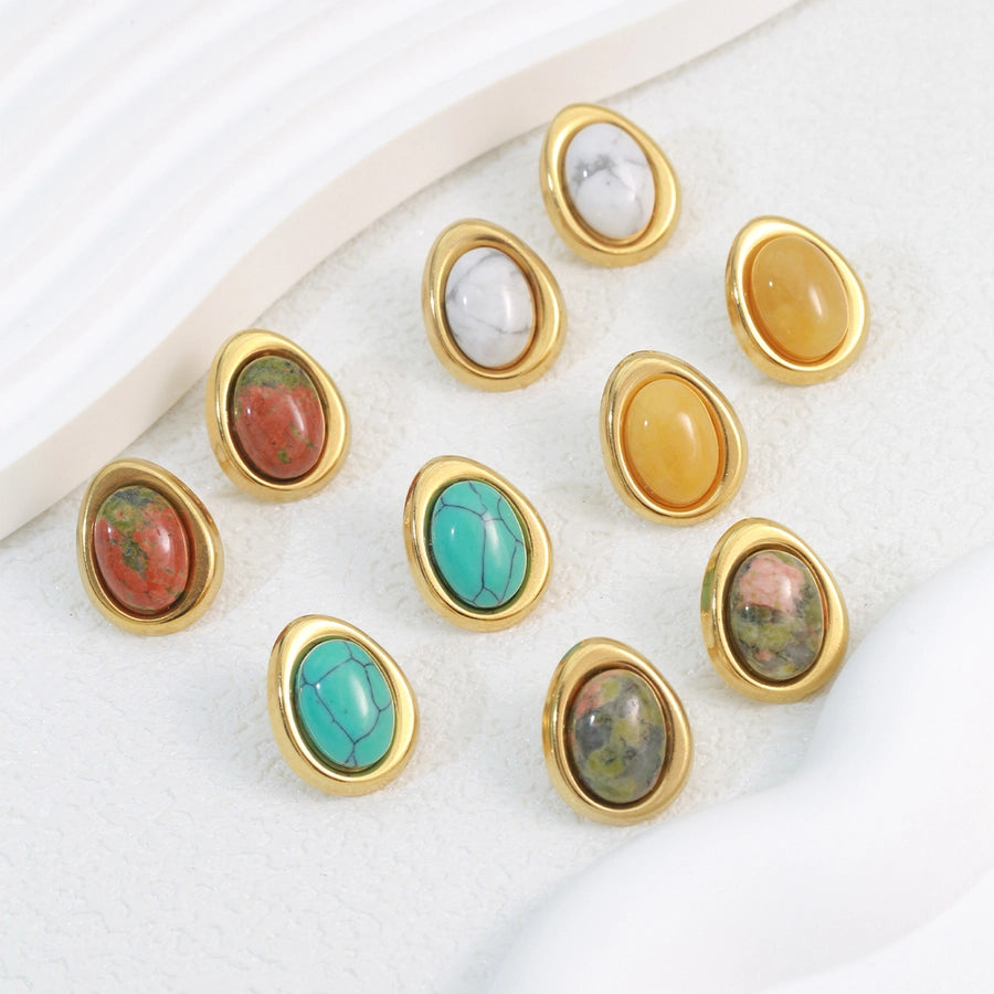 1 Pair Elegant Classical Commute Oval Inlay 304 Stainless Steel Opal 18K Gold Plated Ear Studs