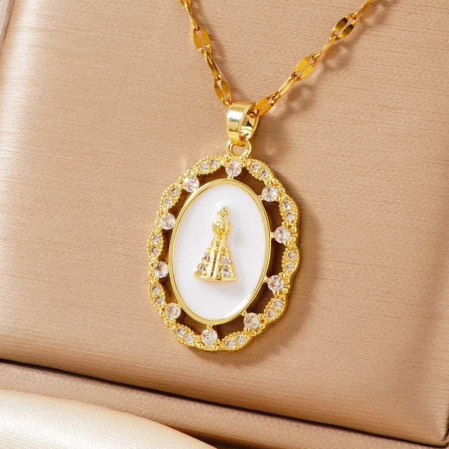 Jewelry Vintage Style Religion Artistic Round Virgin Mary 304 Stainless Steel Copper Zircon K Gold Plated Inlay Pendant Necklace