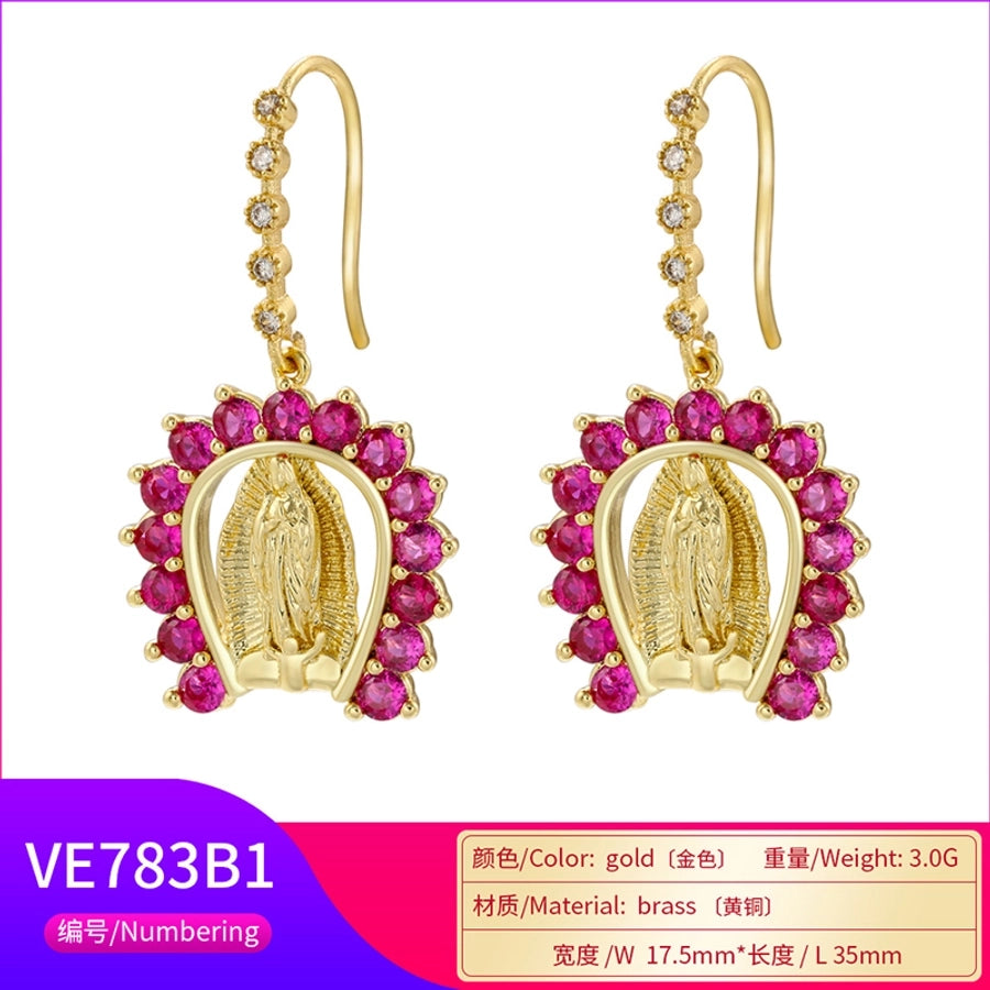 1 pair luxurious virgin mary copper plating inlay zircon 18k gold plated drop earrings