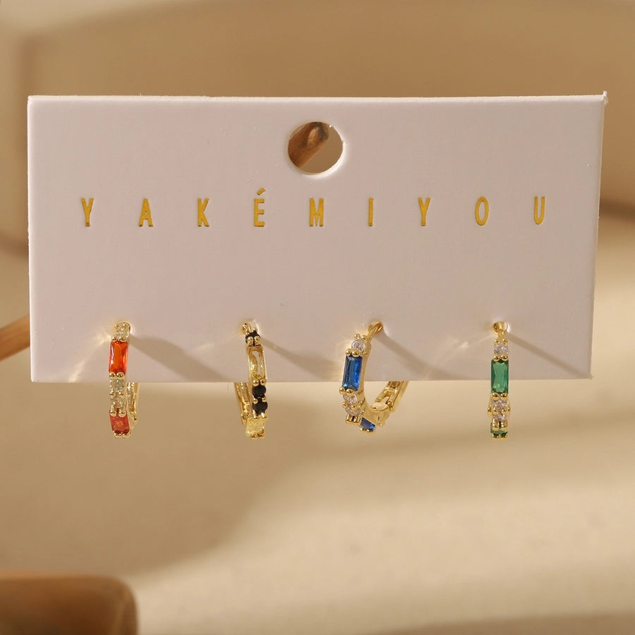 1 Set Yakemiyou Basic Modern Style Small circle Colorful Inlay Copper Zircon 14K Gold Plated Huggie Earrings