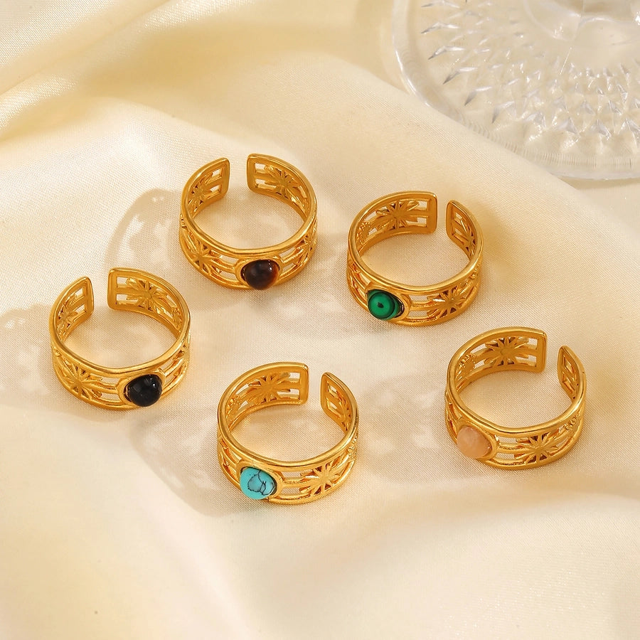 Jewelry IG Style Simple Style Round 304 Stainless Steel Malachite Turquoise Tiger Eye 18K Gold Plated Plating Inlay Open Rings