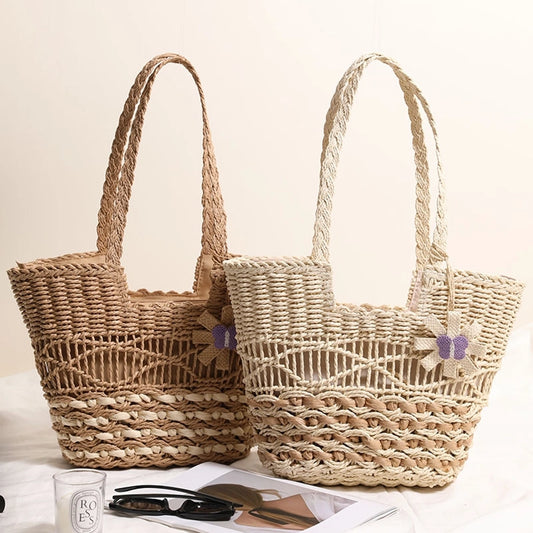 Women's Straw Flower Vacation Weave Hollow Bucket Zipper Tote Bag