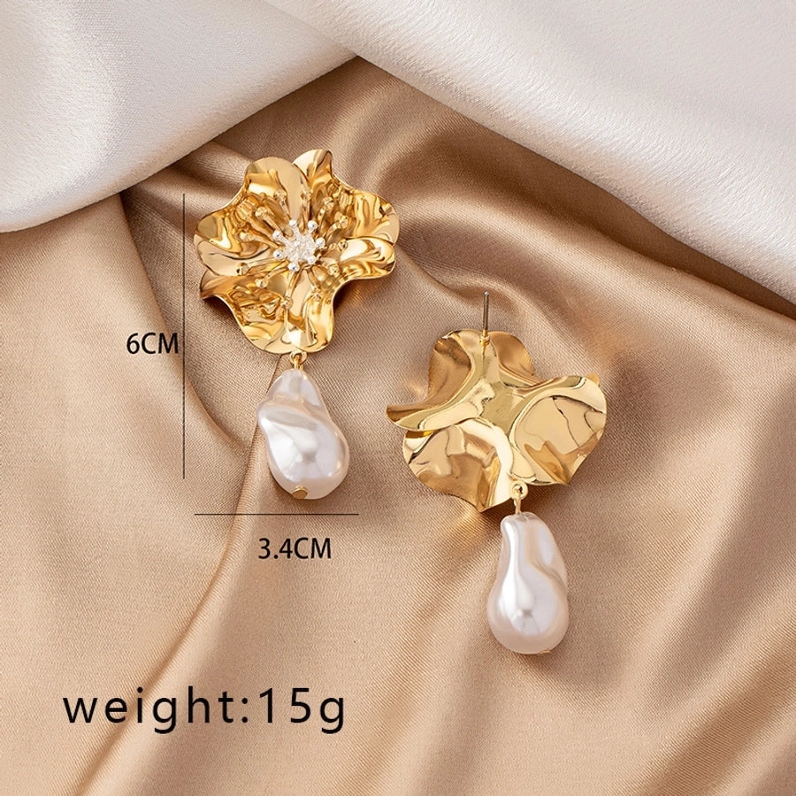 1 pair elegant retro french style flower plating inlay alloy pearl gold plated drop earrings