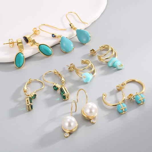 1 Pair Elegant Vacation Bohemian Geometric Square Water Droplets Inlay Brass Turquoise Zircon 18K Gold Plated Drop Earrings