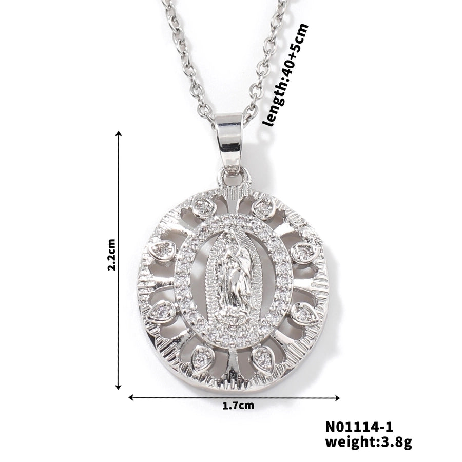 Jewelry Vintage Style Classic Style Geometric Round Virgin Mary 304 Stainless Steel Copper Zircon K Gold Plated Inlay Pendant Necklace - CEJEW