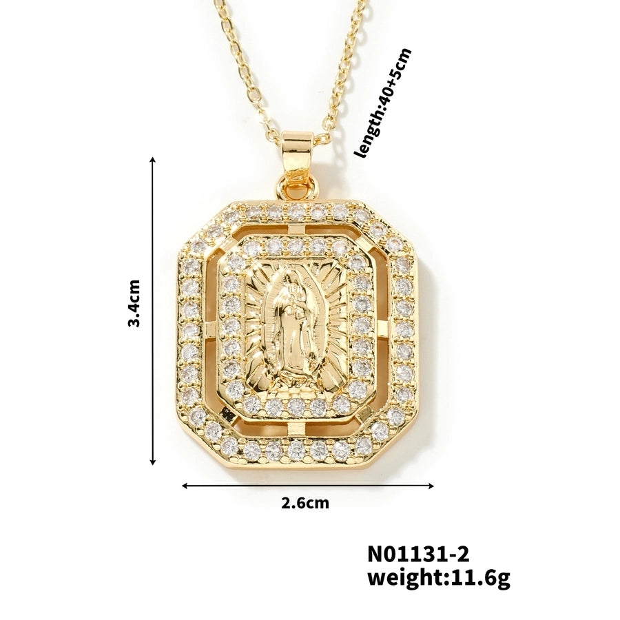 Jewelry Vintage Style Classic Style Geometric Round Virgin Mary 304 Stainless Steel Copper Zircon K Gold Plated Inlay Pendant Necklace - CEJEW