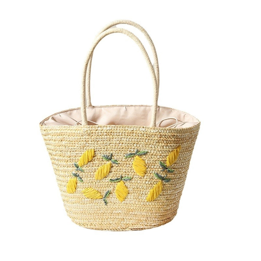 Women's Medium Straw Lemon Vacation Beach Weave Bucket String beach bag