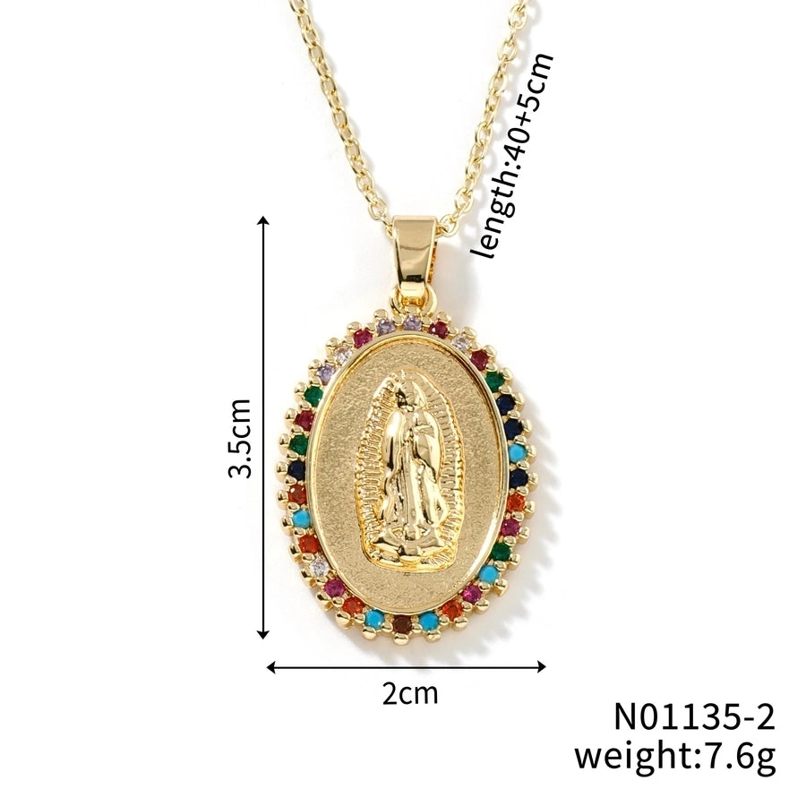 Jewelry Vintage Style Classic Style Geometric Round Virgin Mary 304 Stainless Steel Copper Zircon K Gold Plated Inlay Pendant Necklace - CEJEW