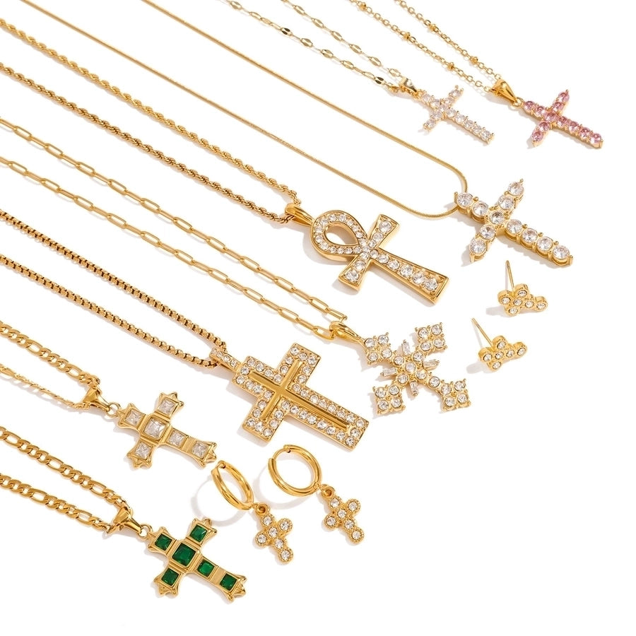 Jewelry Simple Style Classic Style Cross 304 Stainless Steel Natural Stone Rhinestones Zircon 18K Gold Plated Pendant Necklace