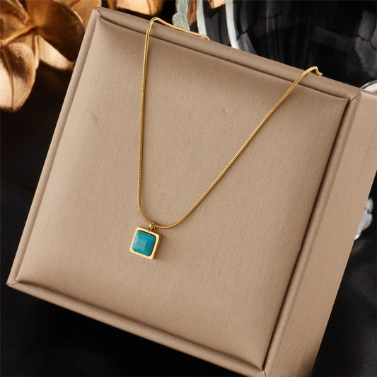 Jewelry Retro Square 304 Stainless Steel Turquoise 18K Gold Plated Inlay Stainless Steel Necklaces