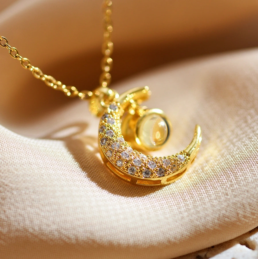 Jewelry Retro Classic Style Moon Titanium Steel Copper Zircon Gold Plated Inlay Pendant Necklace