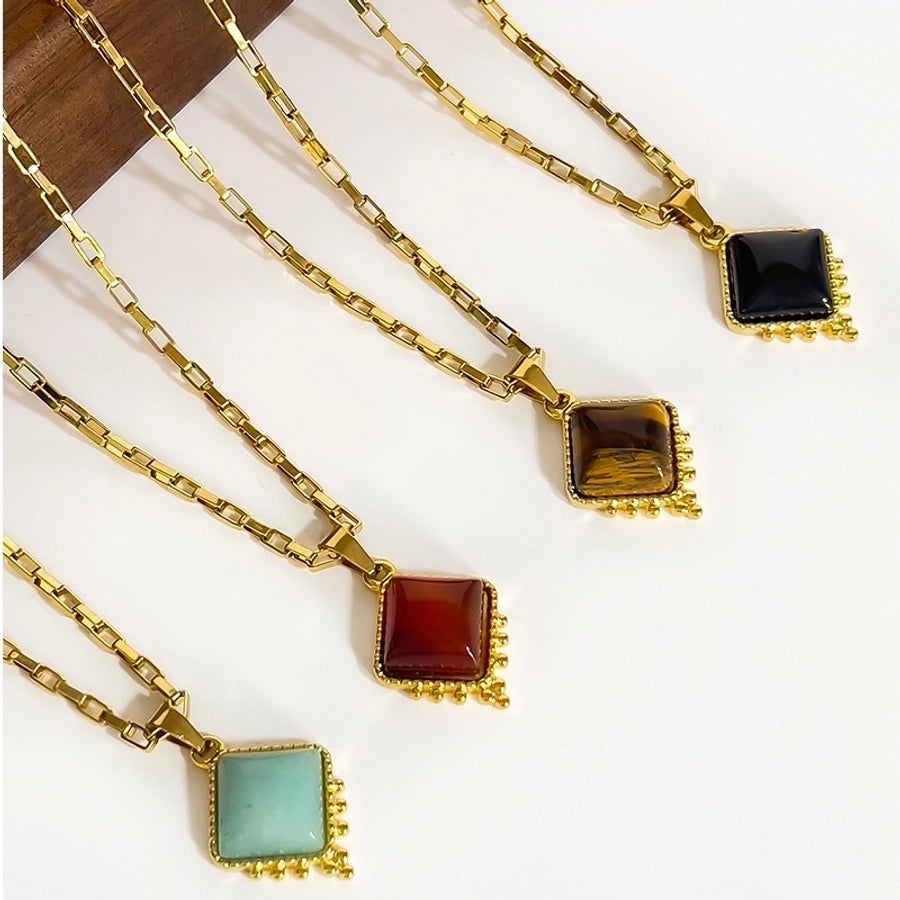 Jewelry Retro Classic Style Rhombus 316L Stainless Steel  Natural Stone 18K Gold Plated Irregular Inlay Pendant Necklace