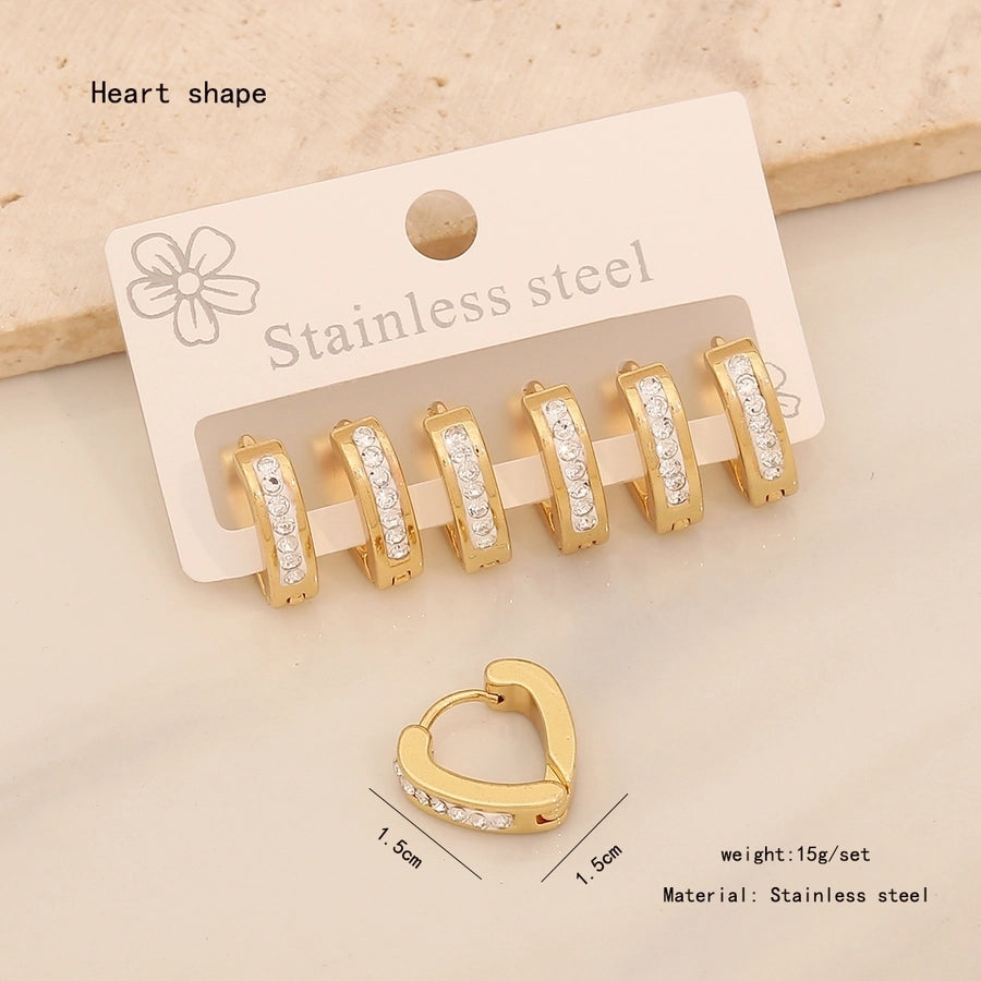 3 Pairs Lady Commute Geometric Inlay 304 Stainless Steel Zircon 18K Gold Plated Earrings