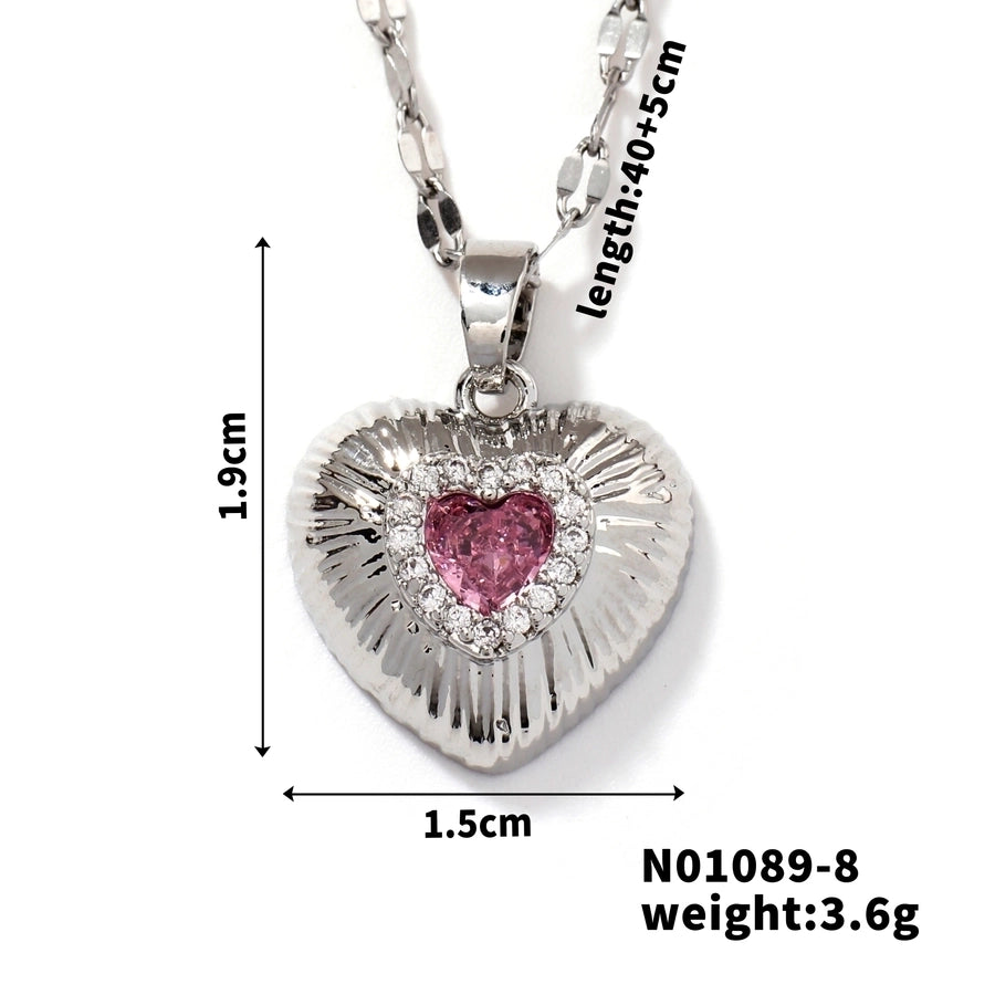 Jewelry Classic Style Heart Shape 304 Stainless Steel Copper Zircon K Gold Plated Rhodium Plated Inlay Pendant Necklace