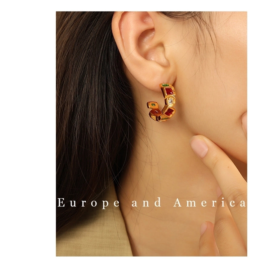 1 Pair IG Style Vintage Style C Shape Polishing Inlay 304 Stainless Steel Zircon 18K Gold Plated Ear Studs