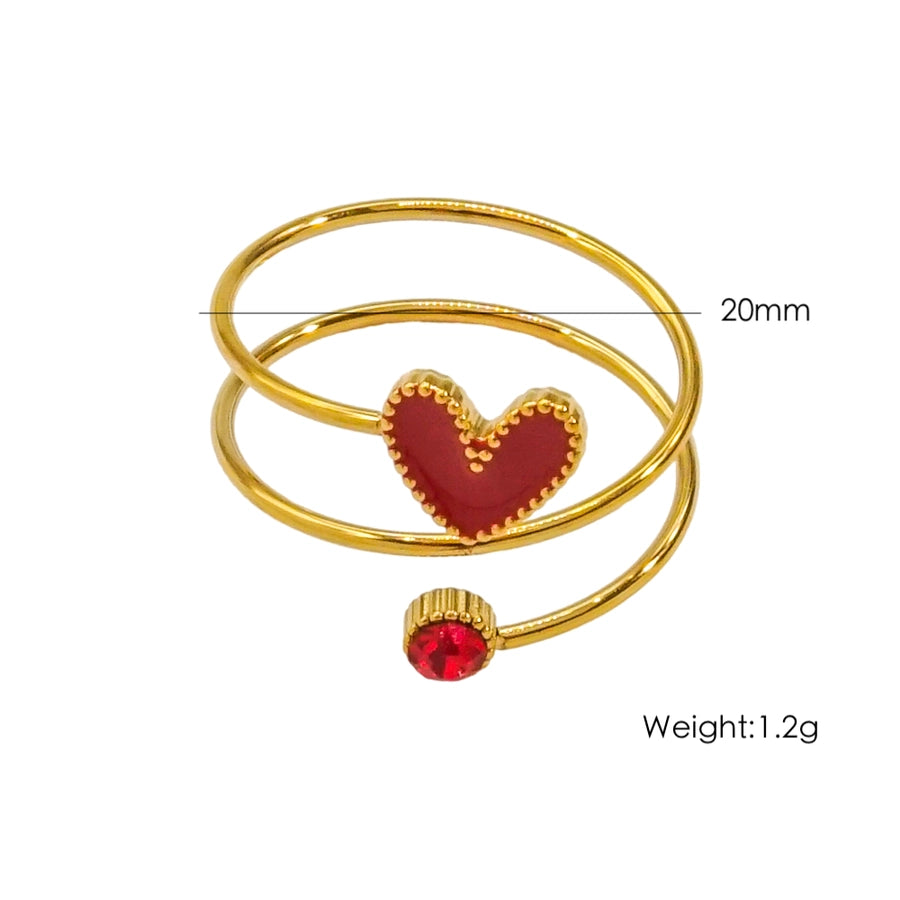 Jewelry Retro Luxurious Heart Shape 304 Stainless Steel Zircon 14K Gold Plated Enamel Inlay Open Rings