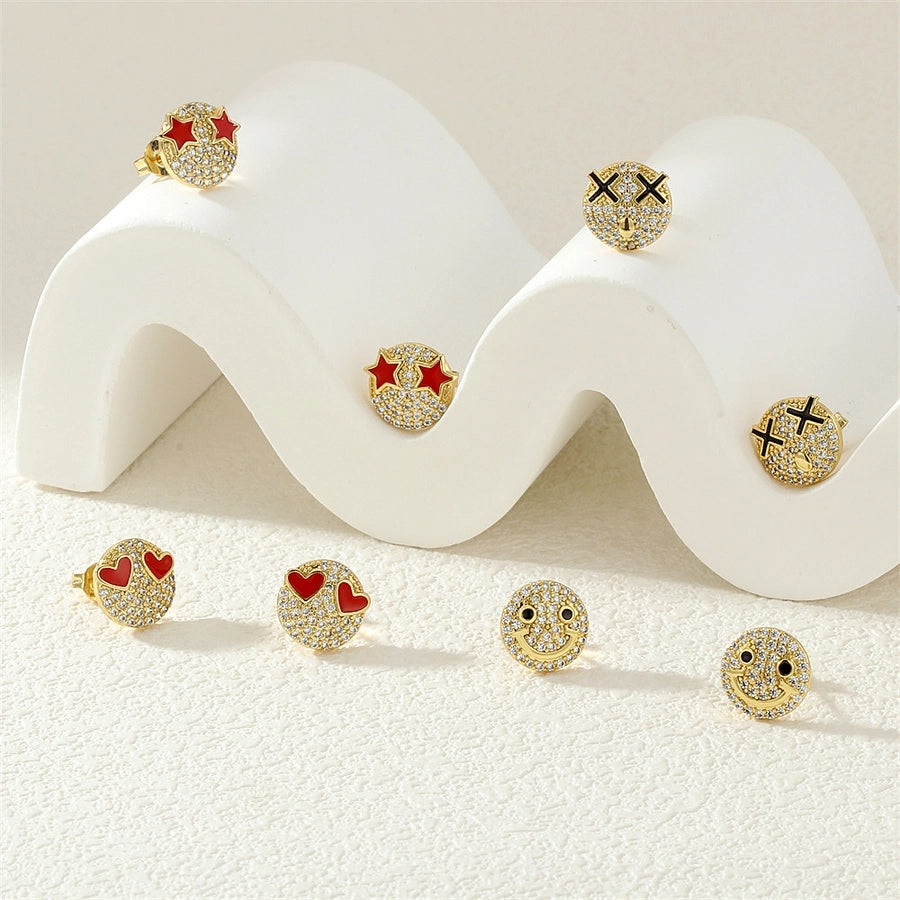 1 Pair Casual Simple Style Commute Smile Face Plating Inlay Copper Zircon 18K Gold Plated Ear Studs