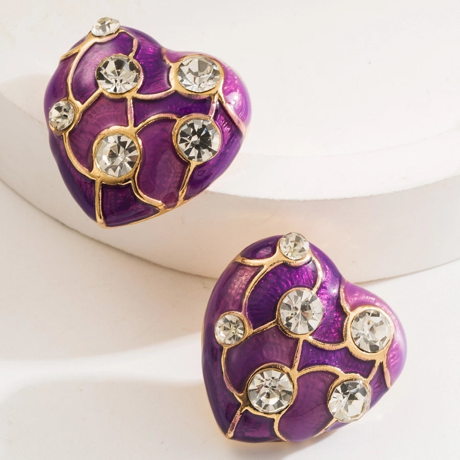 1 Pair Casual Classic Style Heart Shape Enamel Inlay Alloy Rhinestones Gold Plated Ear Studs - CEJEW