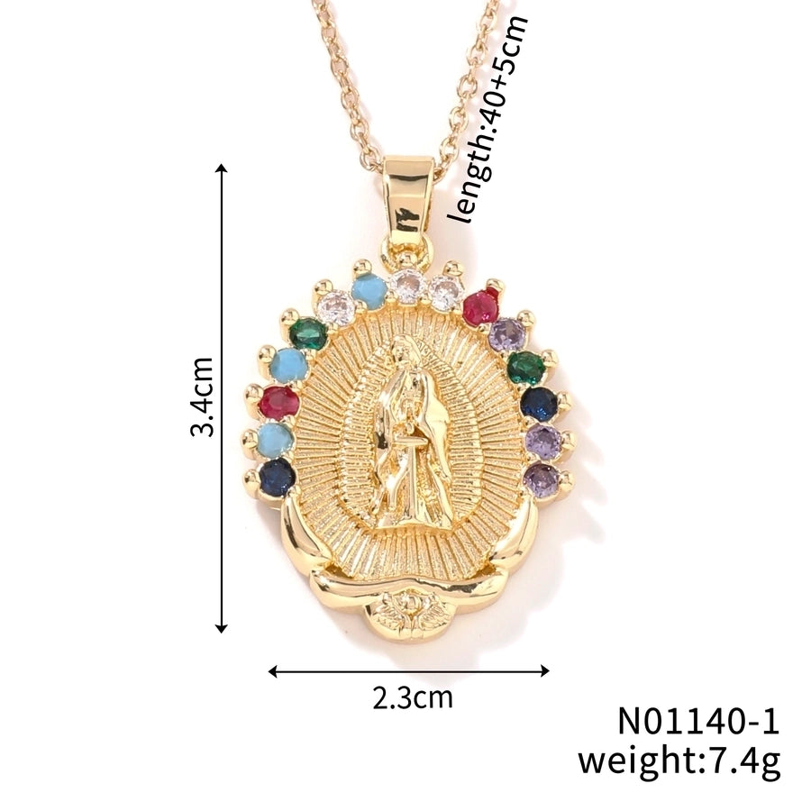 Jewelry Vintage Style Classic Style Geometric Round Virgin Mary 304 Stainless Steel Copper Zircon K Gold Plated Inlay Pendant Necklace - CEJEW