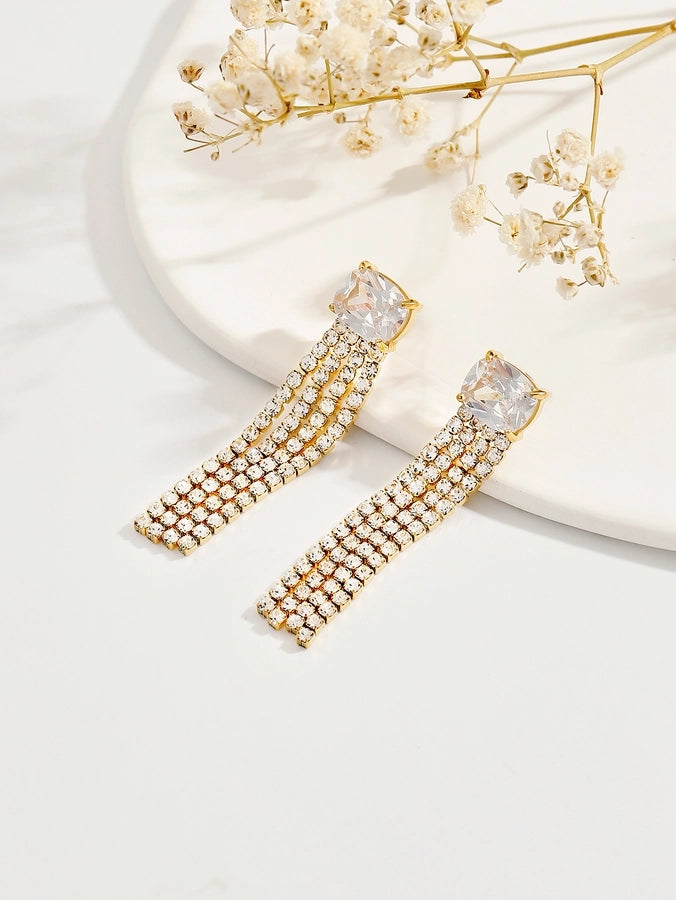 1 Pair IG Style Shiny Tassel Rectangle Plating Inlay 304 Stainless Steel Zircon 18K Gold Plated Drop Earrings - CEJEW