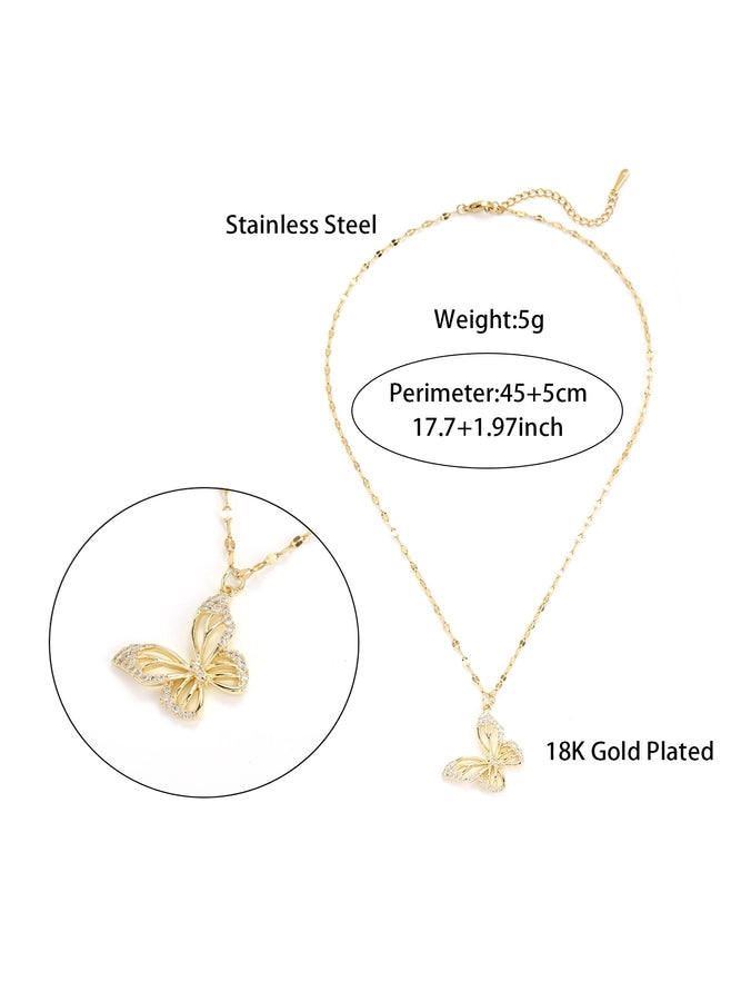 Jewelry Elegant Butterfly Stainless Steel Zircon Plating Inlay Necklace