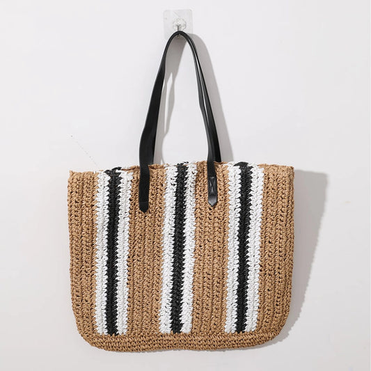 Women's Straw Stripe Vacation Weave Square Magnetic Buckle Tote Bag