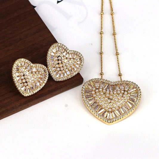 Copper 18K Gold Plated Plating Inlay Heart Shape Artificial Pearls Zircon Earrings Necklace Jewelry Set