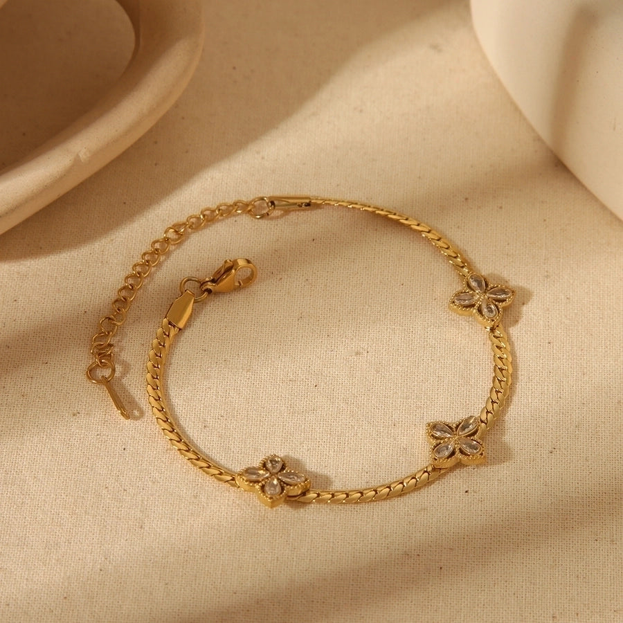 IG Style French Style Commute Four Leaf Clover 304 Stainless Steel 18K Gold Plated Zircon Bracelets In Bulk