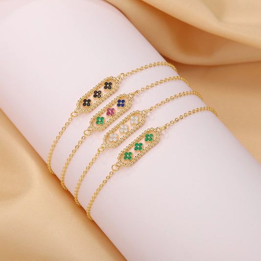 Copper 18K Gold Plated Inlay Four Leaf Clover Zircon Bracelets