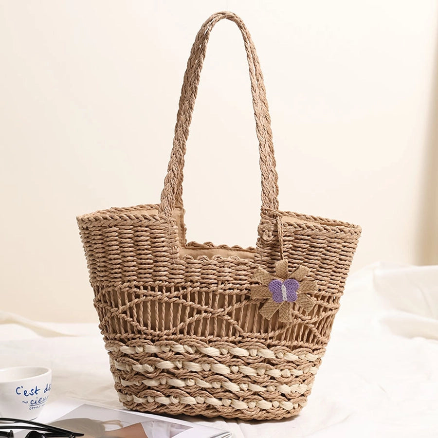 Women's Straw Flower Vacation Weave Hollow Bucket Zipper Tote Bag