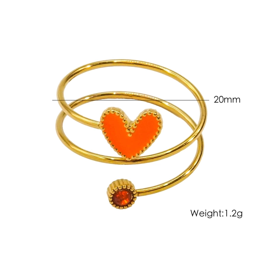 Jewelry Retro Luxurious Heart Shape 304 Stainless Steel Zircon 14K Gold Plated Enamel Inlay Open Rings