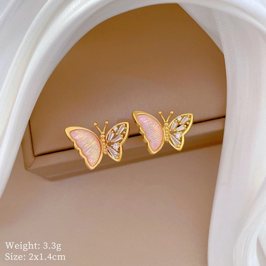 Jewelry Luxurious Classic Style Artistic Butterfly Titanium Steel Copper Zircon Gold Plated Inlay Jewelry Set