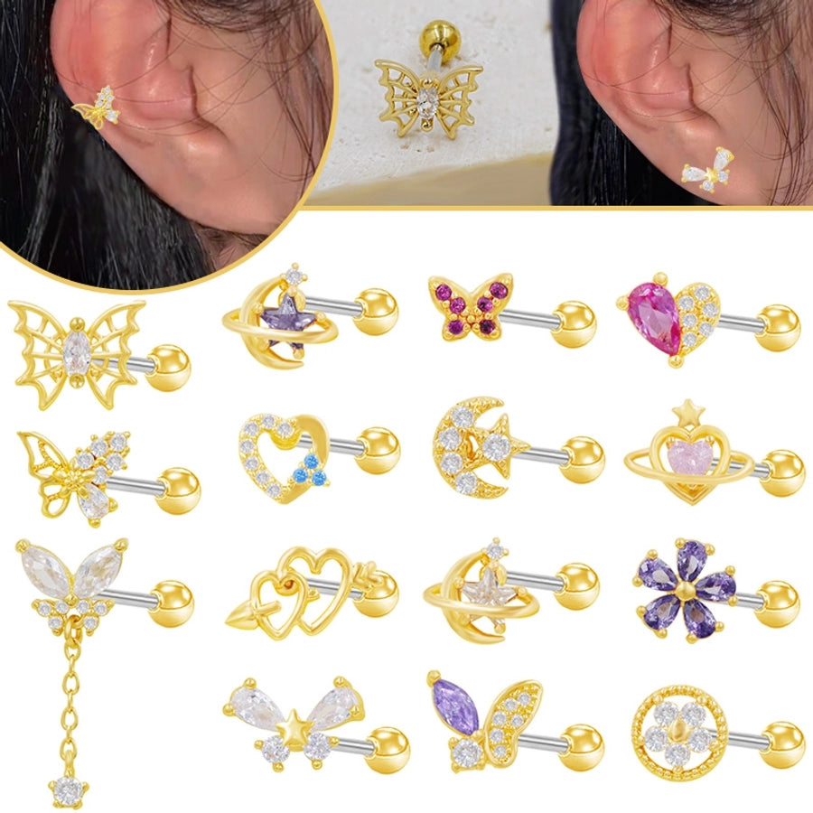 1 Piece Elegant Cute Luxurious Moon Heart Shape Butterfly Inlay 316 Stainless Steel  Copper Rhinestones Glass Zircon Gold Plated Cartilage earrings