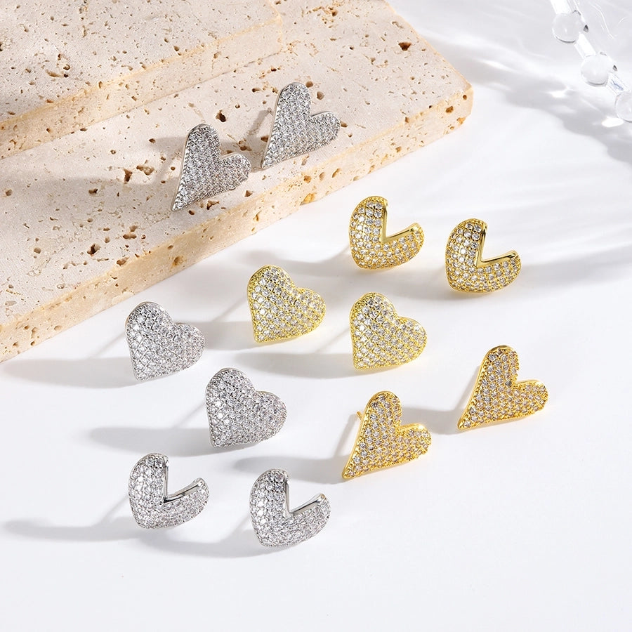 1 Pair Casual Simple Style Heart Shape Copper Zircon 18K Gold Plated Ear Studs